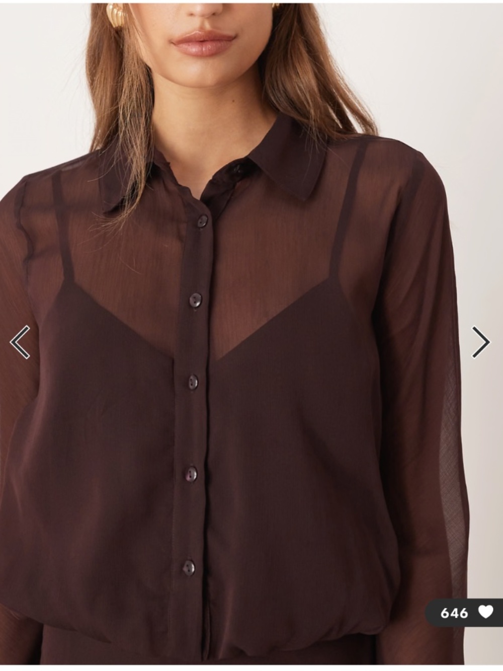 NWT ASOS DESIGN Sheer Chocolate Brown Midi Shirt Dress | Long Sleeve - Picture 2 of 10